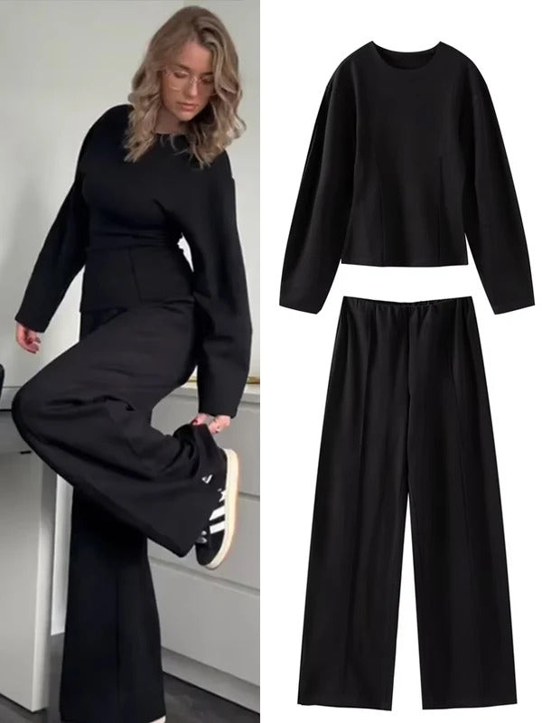 Fashion Hoodie Long Pant Set For Women Chic O Neck Long Sleeve Sweatshirt Wide Leg Trousers 2 Pieces Suits Female Street Outfit