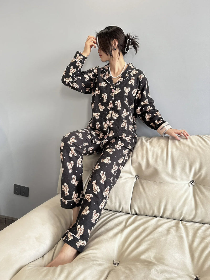 100% Cotton Pajamas for Women Loose Cartoon Long Sleeve Pants Loungewear Women 2 Piece Set Pj Women Outfit Sleepwear Set Pijamas