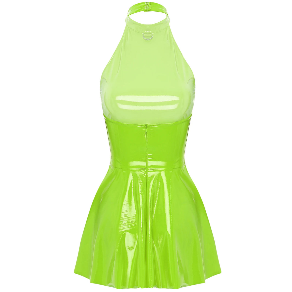 Womens Latex Swing Skirt Disco Dress Glossy Patent Leather Clubwear Halter Sleeveless Skater Mini Dress Rave Party Clubwear