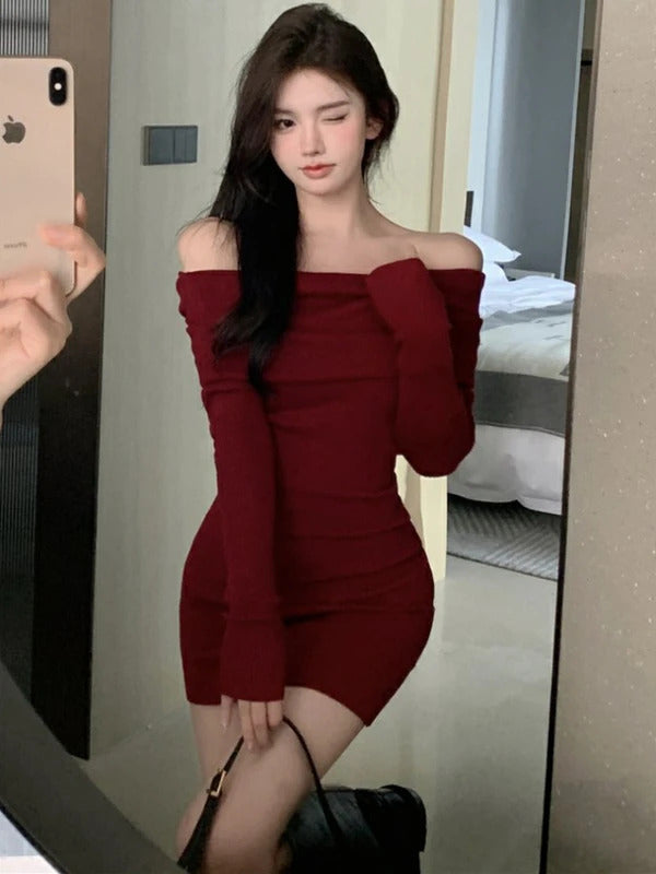 Sexy Dresses Women Backless Knitting Slim Y2k Girls Tender Korean Style Soft Casual Autumn Slash Neck Hotsweet Cozy New Clubwear