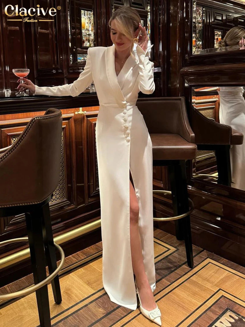 Clacive Fashion Slim White Dress Bodycon Lapel Long Sleeve Ankle Length Dress Party Elegant Classic Slit Dresses For Women 2024