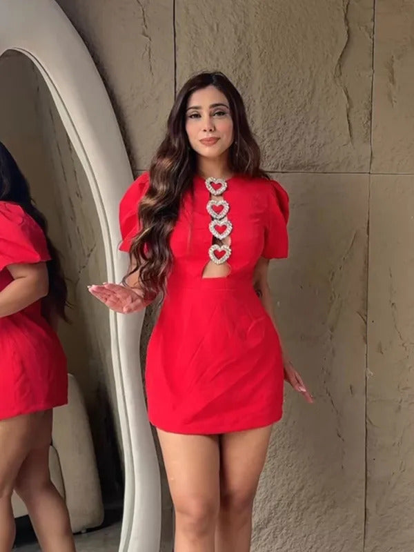 Red O-neck Puff Sleeve Mini Dress For Women Elegant Heart Decoration High Waist Gowns 2025 Fashion Ladies Party Evening Robes