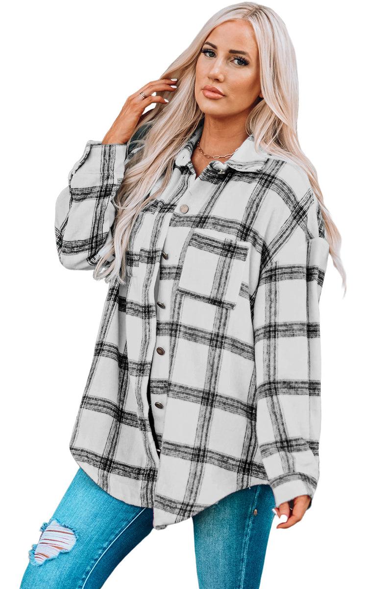 Black Plaid Pattern Buttoned Shirt Coat with Slits