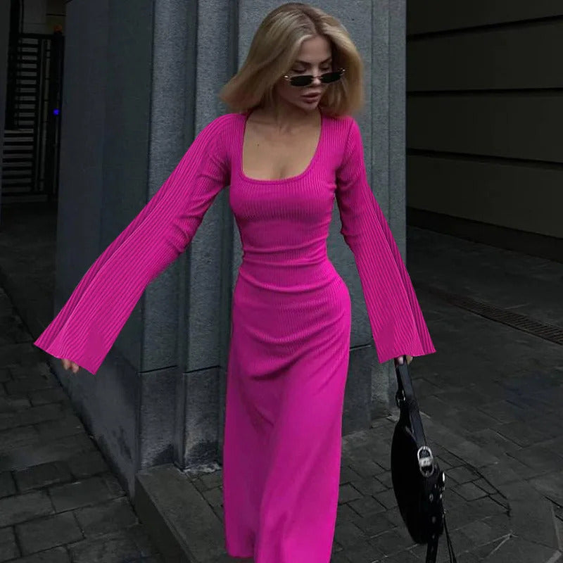 Long Flare Sleeved Maxi Floor-Length Dress Summer Solid Fashion Casual Office Lady Dresses for Women Slim Sexy Lace-up Vestidos