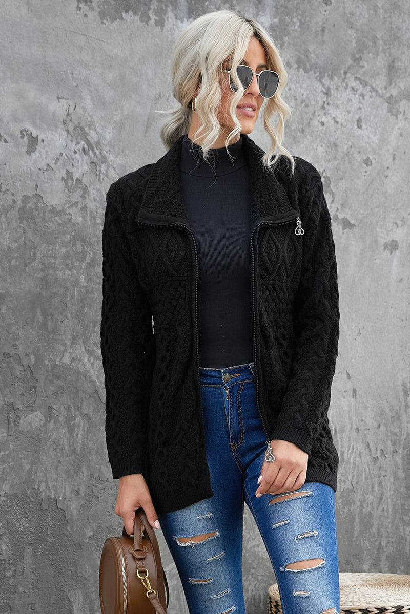 Black Zip-up Open Front Knitted Sweater