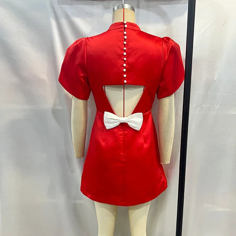 Elegant Bow Hallow Out Mini Dress Women Red O-neck Short Sleeve High Waist A-line Dresses Female 2024 Fashion Party Evening Robe