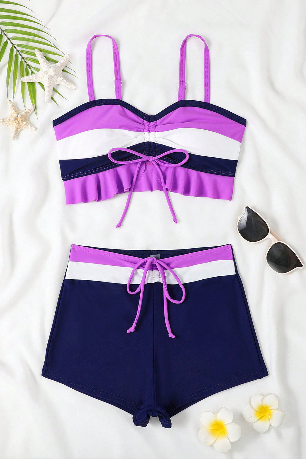 Dark Purple Colorblock Ruffled Drawstring Tie Shorts Bikini