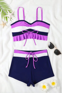 Dark Purple Colorblock Ruffled Drawstring Tie Shorts Bikini