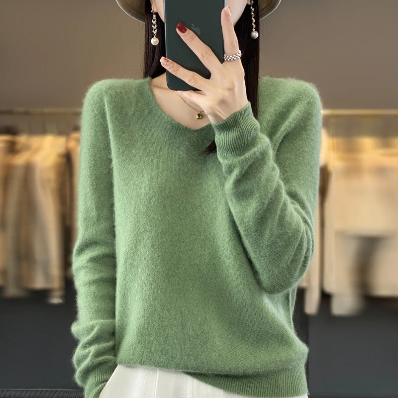 100% pure wool cashmere sweater women's V-neck pullover casual knit top autumn and winter women's coat Korean fashion