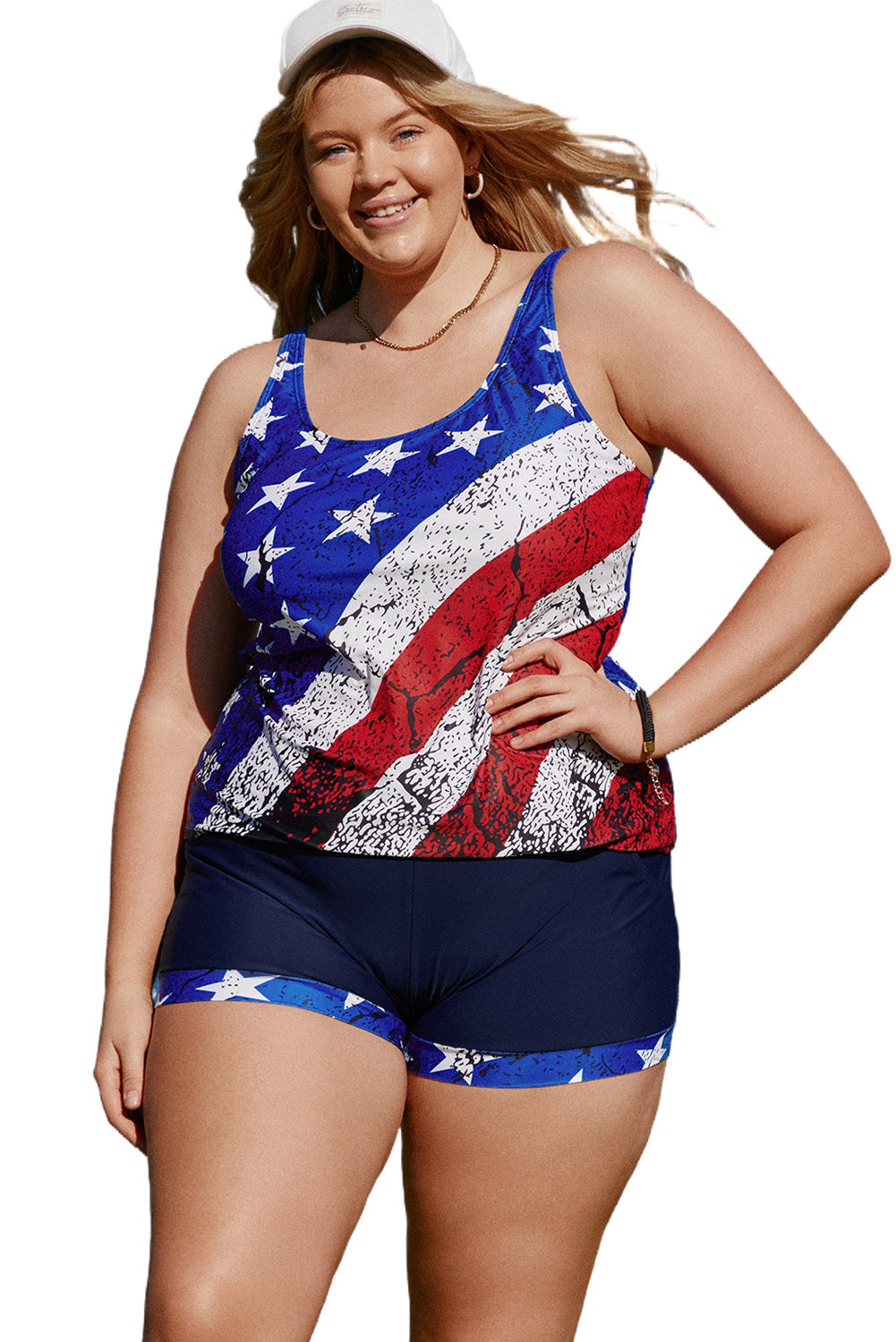 Blue Multicolor Multicolor American Flag Print Tankini Plus Size Swimwear