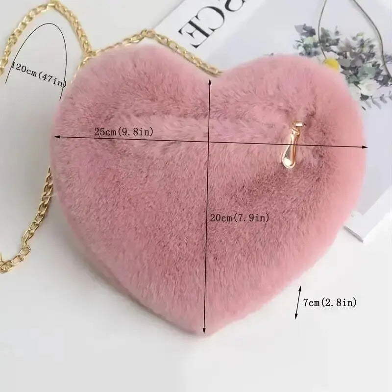 Heart Shaped Fluffy Shoulder Bag Fashion Chain Crossbody Bag Plush Handbag Cute Zipper Purse For Valentine's Day