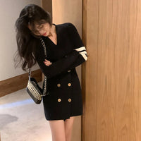 Women's Crochet Dresses Extreme Mini Female Knit Dress Button Short V Neck Black Clothes Sensual Sexy A Line Outfits New in Kpop