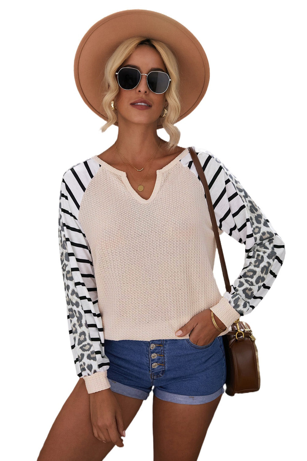 Animal Striped Sleeve Patchwork Waffle Knit Top