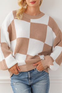 Checkered Ribbed Knit Puff Sleeve Sweater