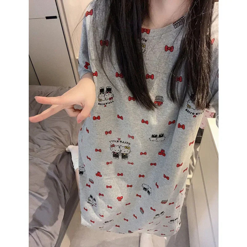 Women's Loose Round Neck Cute Kitty Homewear Pajamas Women's Simple Leisure Long Sleeve Long Pants Two-piece Suit Pajamas  Women