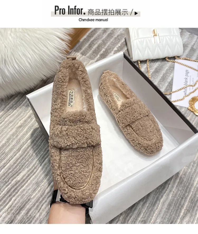 Luxury Sheep Fur Lined Loafers Women Lambswool Shoes Ladies Winter Slip On Furry Flats Cotton Wool Mocasine Femme Barefoot Boots