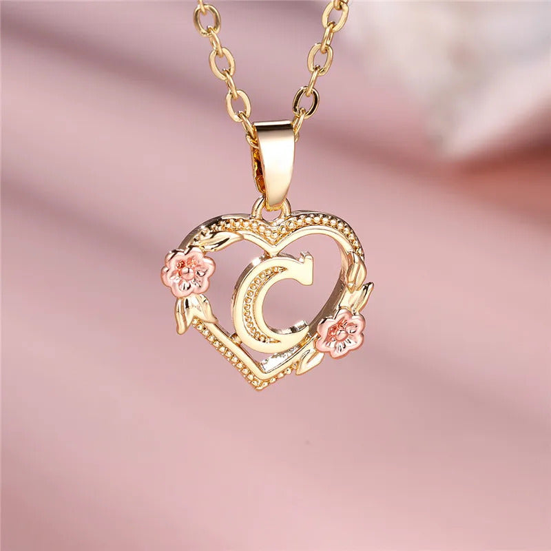 Female A-Z Letter Flower Pendant Necklace Yellow Gold Color Wedding Jewelry Gift For Women