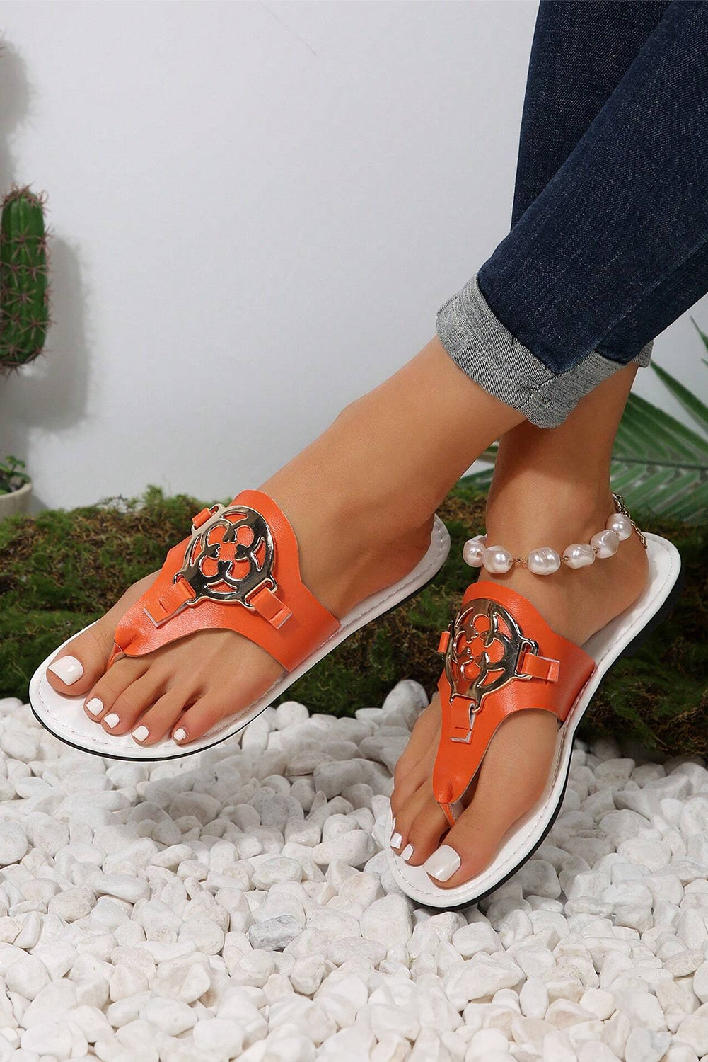 Grapefruit Orange Metal Décor Leather Thong Slippers