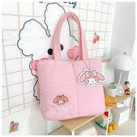 2024 New Sanrio Handbag Cartoon Cute Down Fabric Kuromi Tote Bag Shoulder Pacha Dog Cute Stationery Bag Large Capacity Handbag