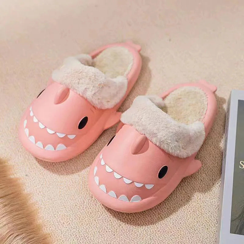 Winter Women Shark Slippers Couple Removable Liner Indoor Warm Cute Shark Slides Plush Cotton Flip Flops Home Indoor Cotton Shoe