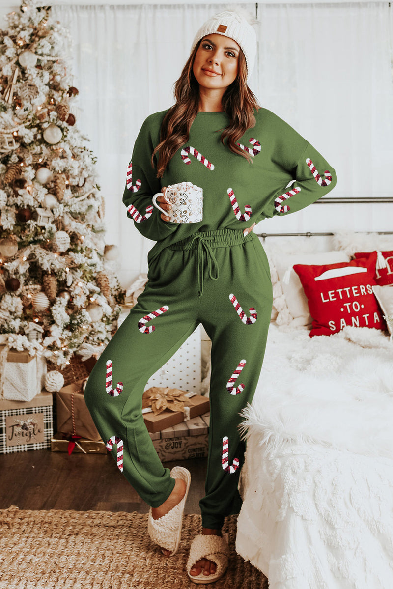 Spinach Green Sequined Christmas Cane Pattern Lounge Sweatsuit