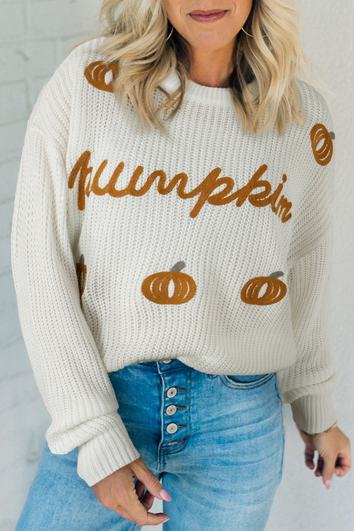 White Pumpkin Yarn Stitch Ribbed Knit Sweater