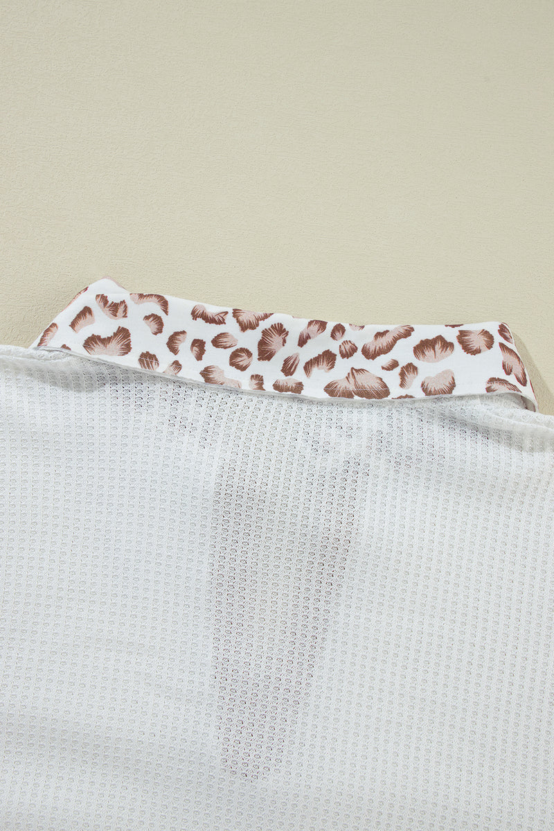 White Leopard Patchwork Turn-down Collar Waffle Top