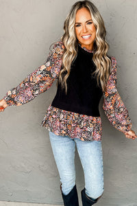 Black Contrast Floral Sleeve Peplum Sweater