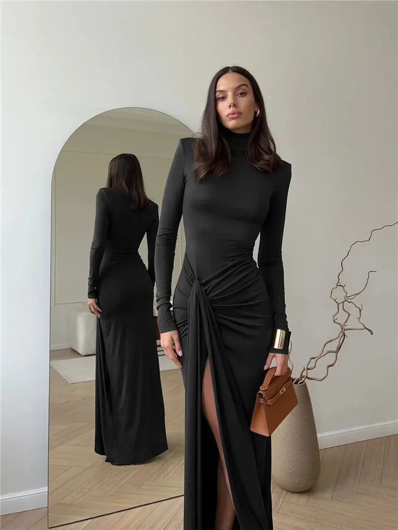 2024 Fashion Turtleneck Thigh High Split Sexy Maxi Dress For Women Fashion Long Sleeve Draped Bandage Bodycon Club Long Dresses