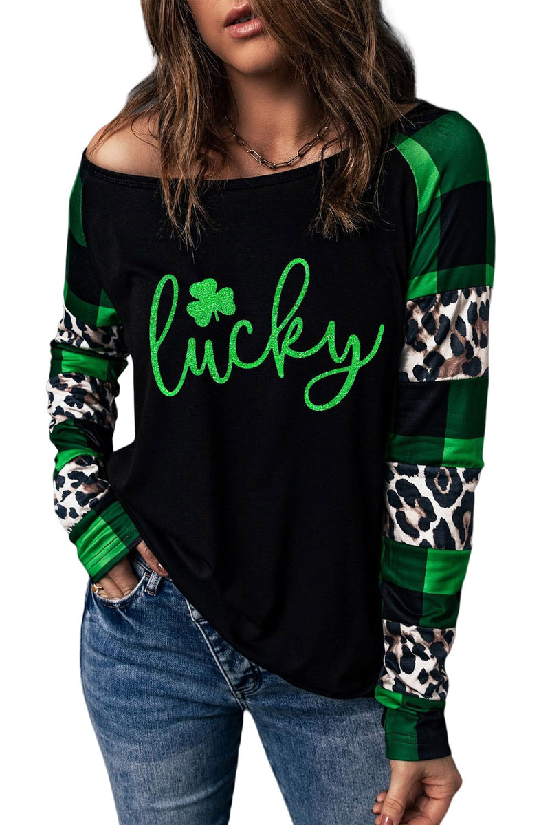 Green Lucky Clover Glitter Graphic Leopard Plaid Splicing Top