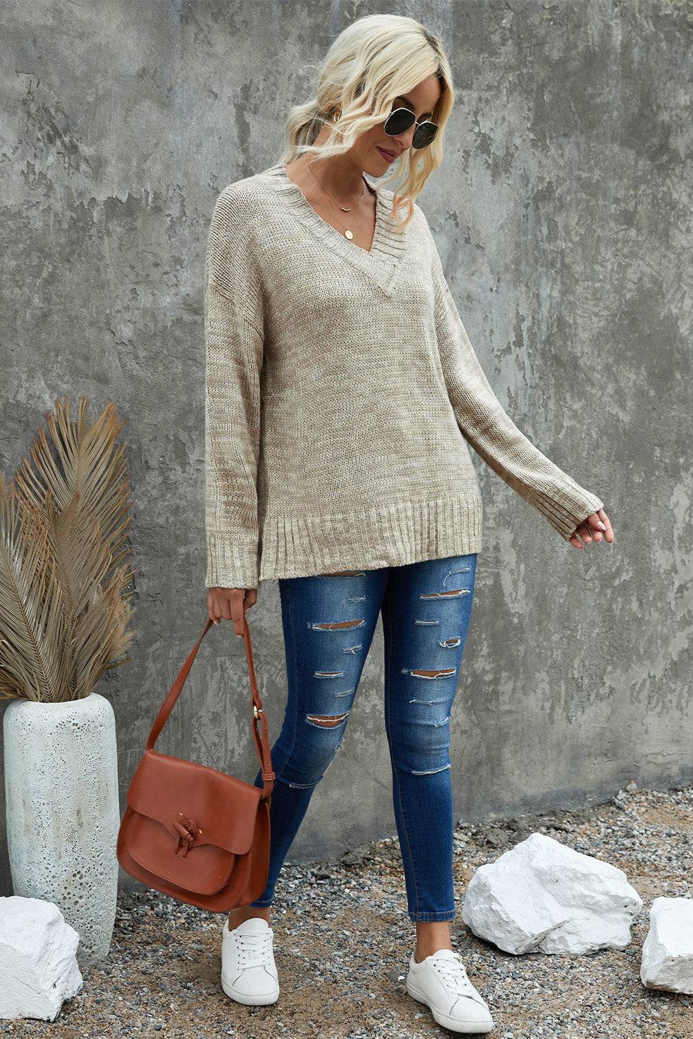 Khaki V neck Drop Shoulder Knitted Sweater