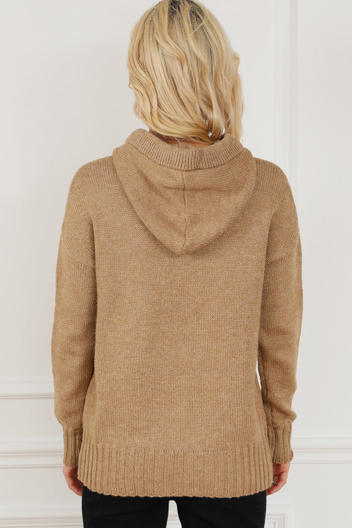 Brown Cowl Neck Drawstring Pullover Hooded Sweater