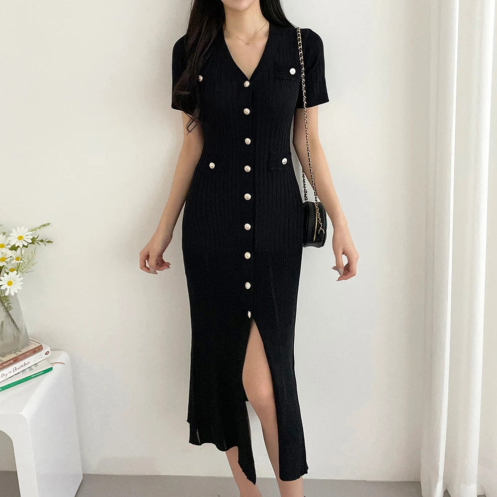 Summer Midi Dress Women Knitted Black Bodycon Korea Style Ruffle Ladies Dresses Elegant Fashion Casual Woman Dress 2024