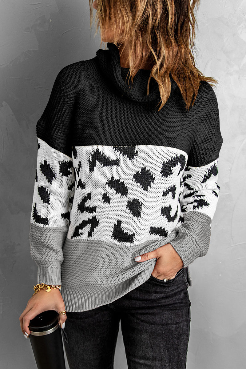 Black Turtleneck Splicing Chunky Knit Pullover Sweater