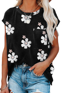 Black Floral Cap Sleeve T-Shirt with Pocket