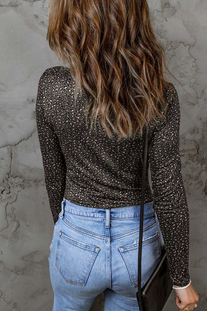 Green Olive Strappy Hollow-out Scoop Neck Long Sleeve Leopard Bodysuit