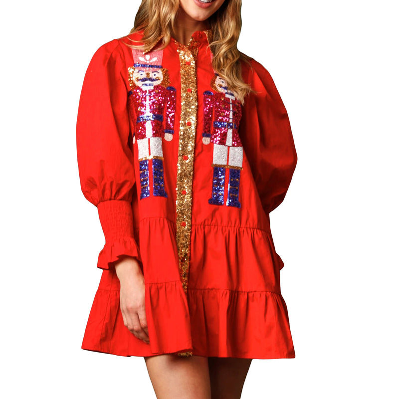 Women’s Sequin Christmas Shirt Dress Outfit Holiday Nutcracker Tiered Dress Sweatshirt Dress Long Sleeve Tiered Mini Sundress