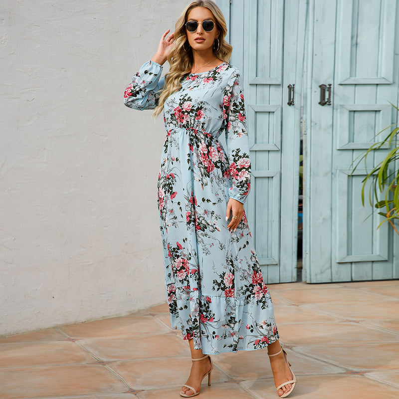 Women Maxi Dresses Sping Autumn Bohemian Casual Full Sleeve High Waist Beach Woman Chiffon Dresses Floral Vestidoes Long Dress