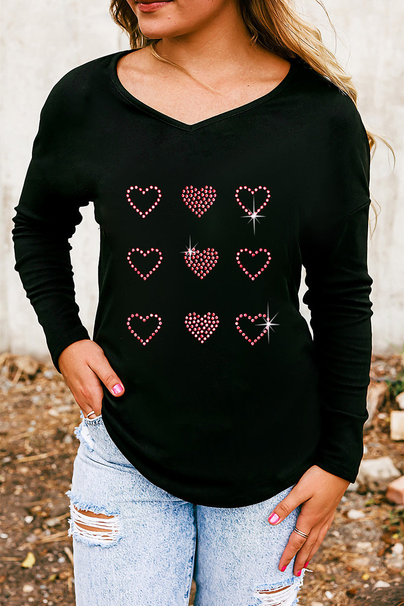 Black Valentines Day Rhinestone Heart Graphic Long Sleeve Tee