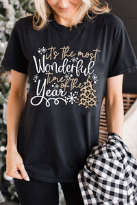 Black Wonderful Christmas Season Leopard Graphic Tee