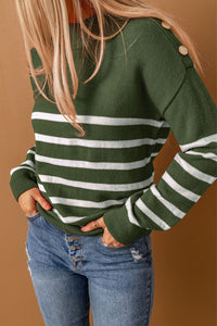 Green Striped Turtleneck Long Sleeve Sweater with Buttons