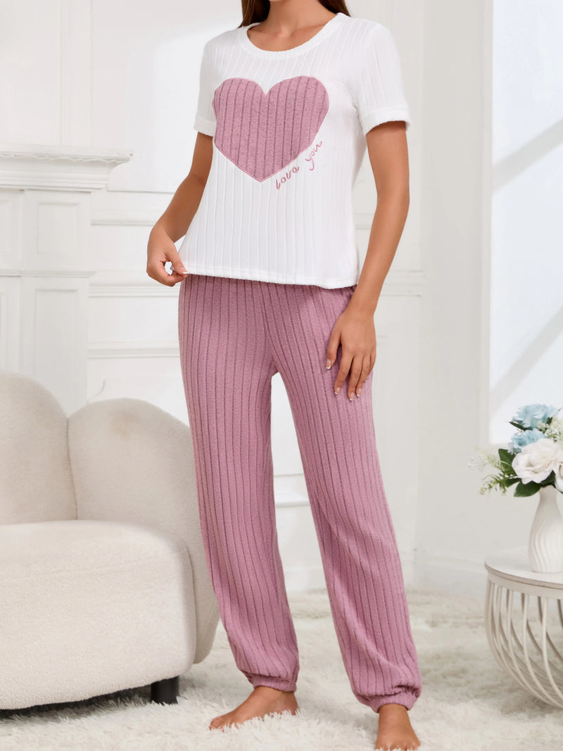 Women's new style pajamas set heart pattern short sleeve shirt trousers two-piece simple and lovely casual home wear