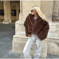 Coffee Faux Fur Short Coat Women Fluffy Lapel Long Sleeve Warm Thick Loose Jacket 2024 Fashion Winter Lady High Street Outwear