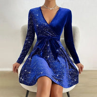 Women's Sexy V-Neck Sequin Glitter Belt Mini Dress Party Dresses Fashion Hot Sale Solid Elegant  Velvet Long Sleeve Dresses