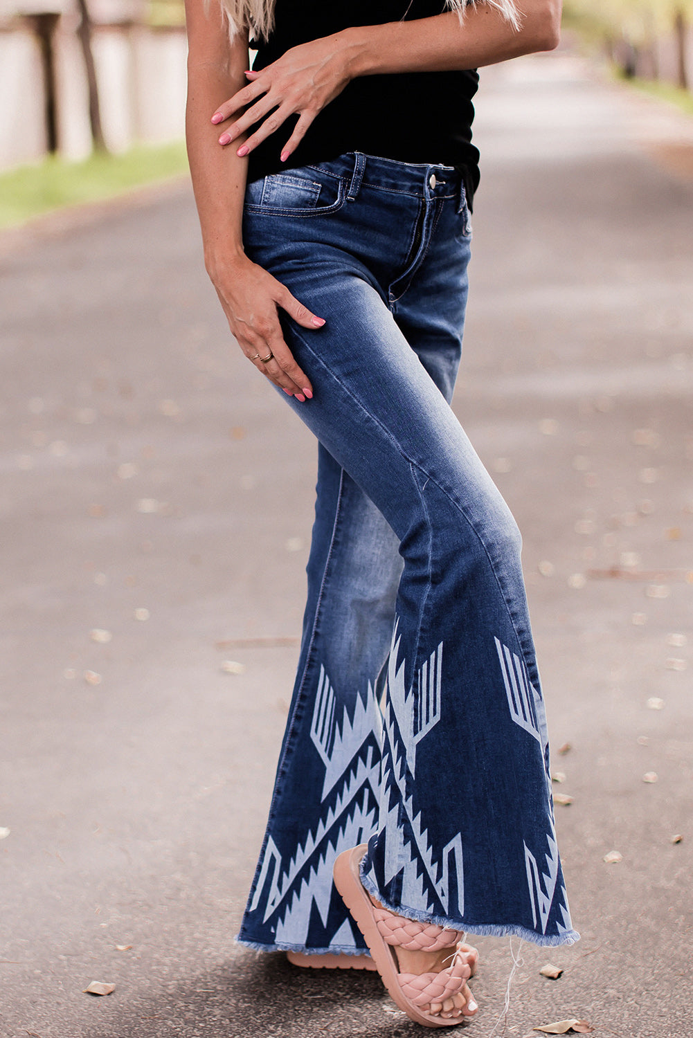 Blue Western Pattern High Rise Flare Jeans