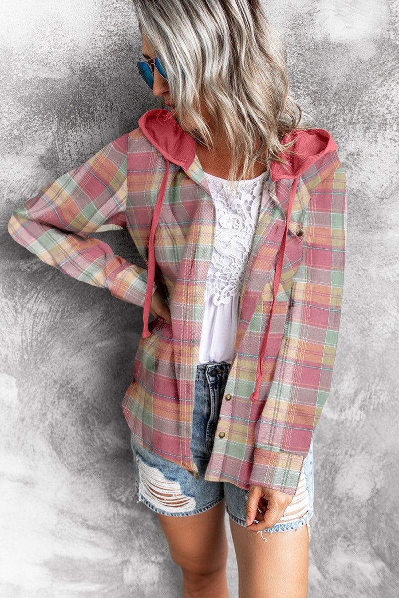 Red Drawstring Plaid Hooded Shacket