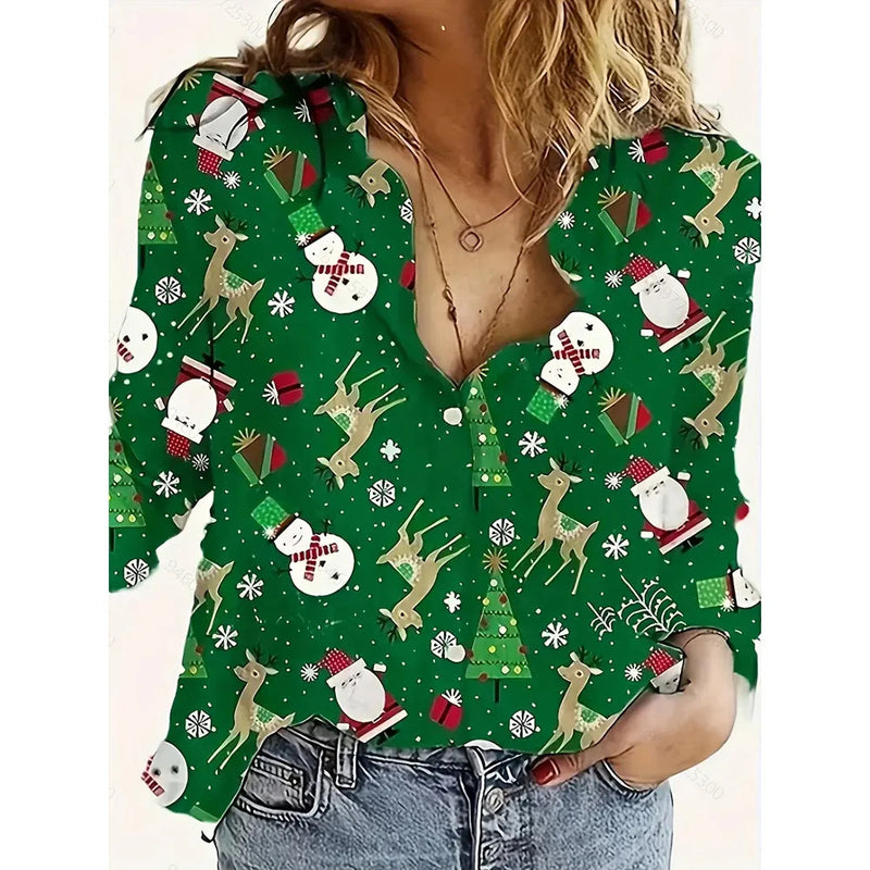 Women's 2024 New 3d Christmas Printed Long Sleeve Shirts Elegant Lapel Long Sleeve Top Winter Spring Single-Breasted Basic Shirt