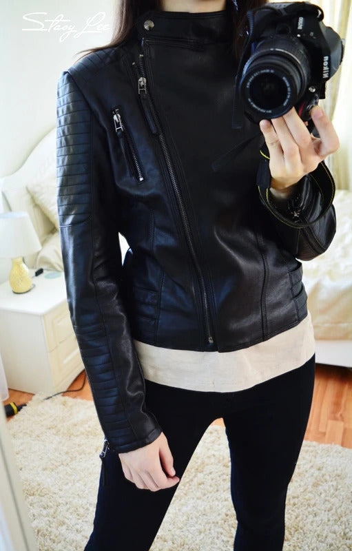 Fitaylor Spring Autumn Women Punk Leather Jacket PU Faux Leather Jackets Basic Bomber Leather Motorcycle Black Coat