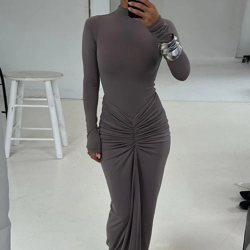 Tossy Pleated Fashion Patchwork Long Dress Women's High Waist Long Sleeve Solid Slim Party Dress Summer 2024 Female Maxi Dress