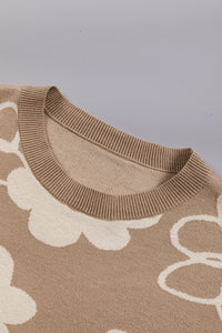 Camel Floral Drop Shoulder Ribbed Trim Sweater